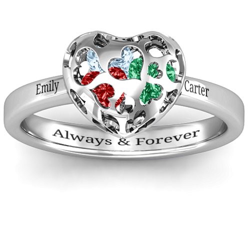 Heart Cut-out Petite Caged Hearts Ring with Classic with Engravings Band – Sterling Silver with Garnet, Emerald, Aquamarine, Citrine, Smokey Quartz, and Pink Tourmaline