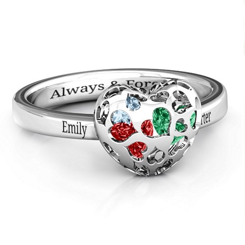 Heart Cut-out Petite Caged Hearts Ring with Classic with Engravings Band – Sterling Silver with Garnet, Emerald, Aquamarine, Citrine, Smokey Quartz, and Pink Tourmaline