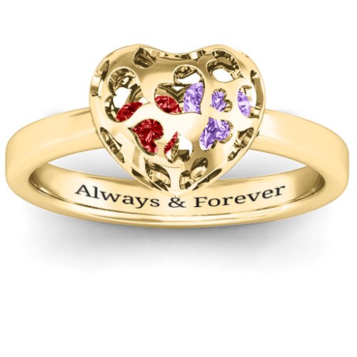 Heart Cut-out Petite Caged Hearts Ring with Classic Band – 9kt Yellow Gold with Garnet and Amethyst