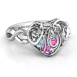 Caged Hearts Ring with 2-6 Stones in 925 Sterling Silver with Pink Tourmaline