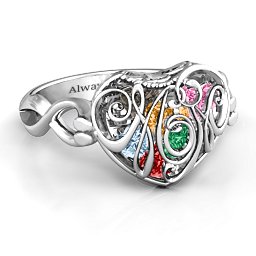 Caged Hearts Ring with 2-6 Stones in 925 Sterling Silver