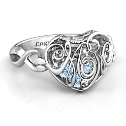Caged Hearts Ring with 2-6 Stones in 925 Sterling Silver with Aquamarine