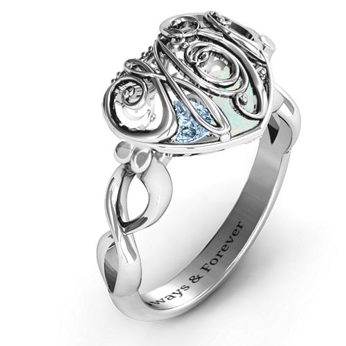 Cursive Mom Caged Hearts Ring with Infinity Band – Sterling Silver with Opal and Aquamarine
