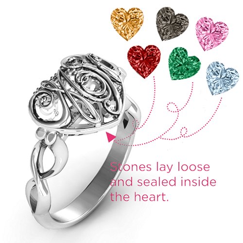 Cursive Mom Caged Hearts Ring with Infinity Band – Sterling Silver with Garnet, Emerald, Aquamarine, Citrine, Smokey Quartz, and Pink Tourmaline