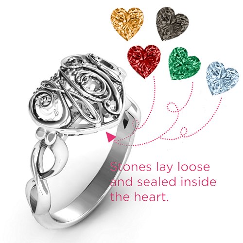 Cursive Mom Caged Hearts Ring with Infinity Band – Sterling Silver with Garnet, Emerald, Aquamarine, Citrine, and Smokey Quartz