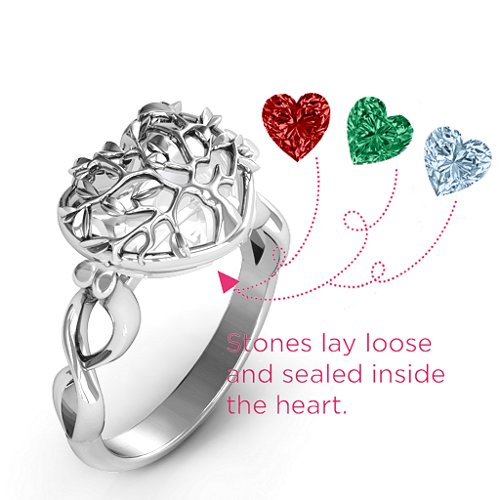 Family Tree Caged Hearts Ring with Infinity Band – Sterling Silver with Garnet, Emerald, and Aquamarine