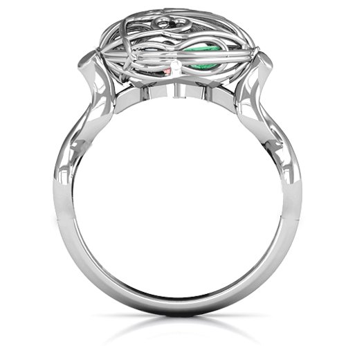 Encased in Love Caged Hearts Ring with Infinity Band – Sterling Silver with Garnet, Emerald, and Aquamarine