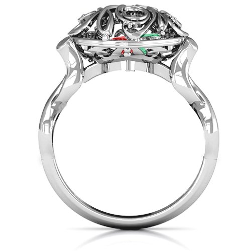 Cursive Mom Caged Hearts Ring with Infinity Band – Sterling Silver with Garnet, Emerald, and Aquamarine