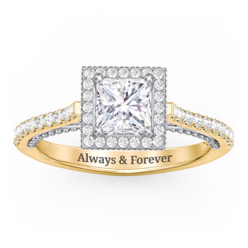 Classic Diamond Engagement Ring with Pave Accented Halo and Initial Setting - "The Brigitte" – 9kt Yellow Gold with Lab Diamond