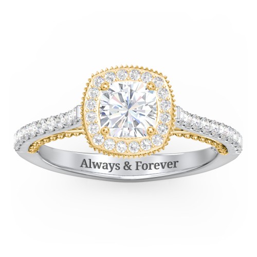 Classic Diamond Engagement Ring with Pave Accented Halo and Initial Setting - "The Brigitte" – 14K White Gold with Lab Diamond