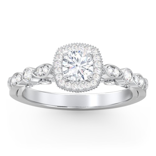 Vintage Diamond Engagement Ring with Accents and Halo Setting - "The Audrey" – 9kt White Gold with Lab Diamond
