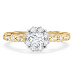 Vintage Solitaire Diamond Engagement Ring with Accents and Floral Setting - "The Audrey" in 9K Solid Yellow Gold