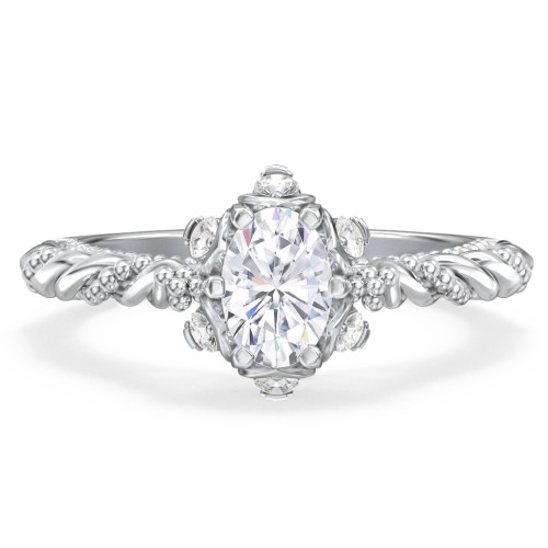 Vintage Solitaire Diamond Engagement Ring with Accents and Floral Setting - "The Rita" – 9kt White Gold with Lab Diamond