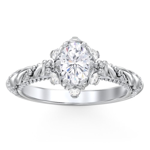 Vintage Solitaire Diamond Engagement Ring with Accents and Floral Setting - "The Rita" – 9kt White Gold with Lab Diamond