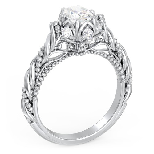 Vintage Solitaire Diamond Engagement Ring with Accents and Floral Setting - "The Rita" – 9kt White Gold with Lab Diamond
