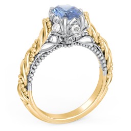 Vintage Solitaire Diamond Engagement Ring with Accents and Floral Setting - "The Rita" in 9K Solid Yellow Gold with IceBlueSapp-OV-1.00 and Lab Diamond