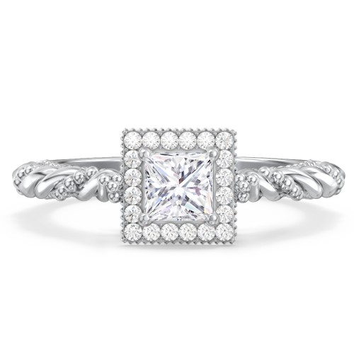 Vintage Diamond Engagement Ring with Accents and Halo Setting - "The Rita" – 9kt White Gold with Lab Diamond