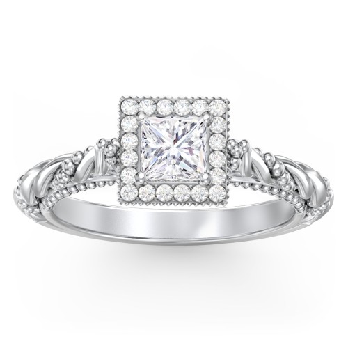 Vintage Diamond Engagement Ring with Accents and Halo Setting - "The Rita" – 9kt White Gold with Lab Diamond