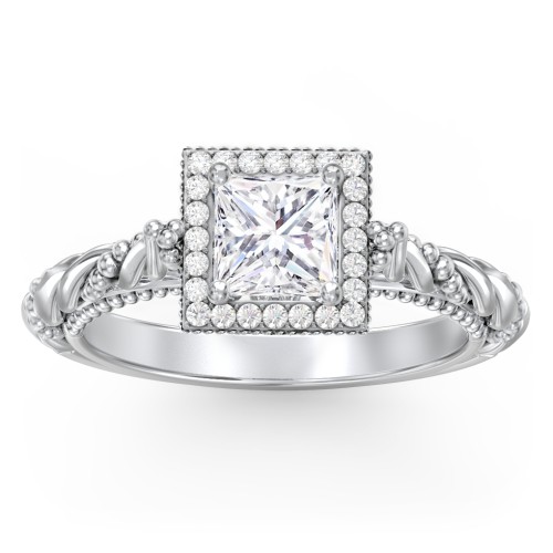 Vintage Diamond Engagement Ring with Accents and Halo Setting - "The Rita" – 9kt White Gold with Lab Diamond