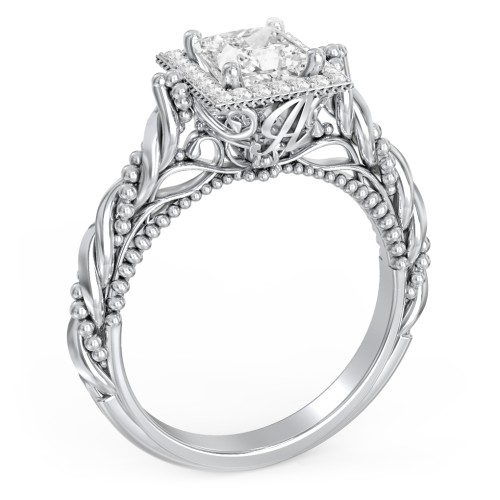 Vintage Diamond Engagement Ring with Accents and Halo Setting - "The Rita" – 9kt White Gold with Lab Diamond