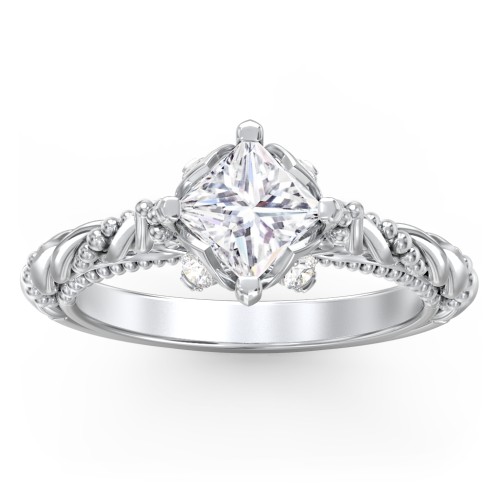 Vintage Solitaire Diamond Engagement Ring with Accents and Floral Setting - "The Rita" – 9kt White Gold with Lab Diamond