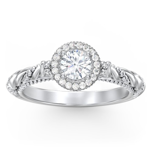 Vintage Diamond Engagement Ring with Accents and Halo Setting - "The Rita" – 9kt White Gold with Lab Diamond