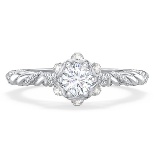 Vintage Solitaire Diamond Engagement Ring with Accents and Floral Setting - "The Rita" – 9kt White Gold with Lab Diamond
