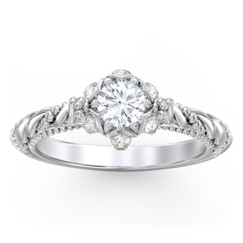 Vintage Solitaire Diamond Engagement Ring with Accents and Floral Setting - "The Rita" – 9kt White Gold with Lab Diamond