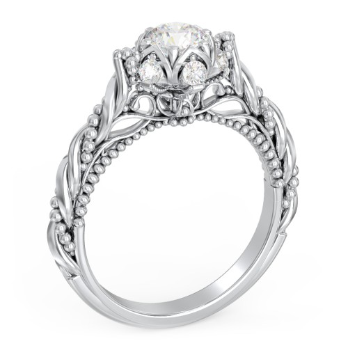 Vintage Solitaire Diamond Engagement Ring with Accents and Floral Setting - "The Rita" – 9kt White Gold with Lab Diamond