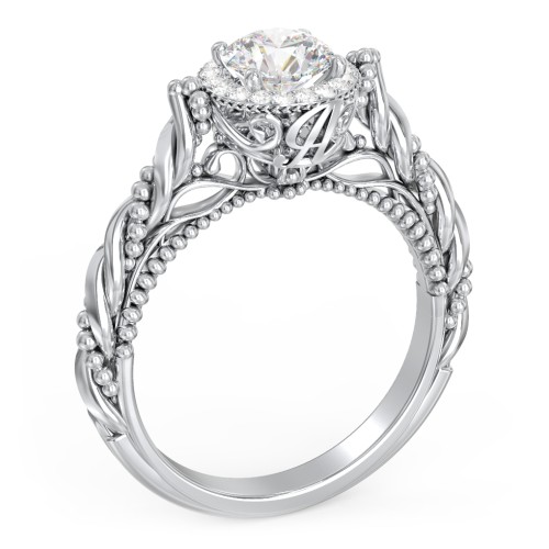 Vintage Diamond Engagement Ring with Accents and Halo Setting - "The Rita" – 9kt White Gold with Lab Diamond