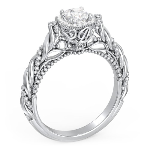 Vintage Diamond Engagement Ring with Accents and Halo Setting - "The Rita" – 9kt White Gold with Lab Diamond