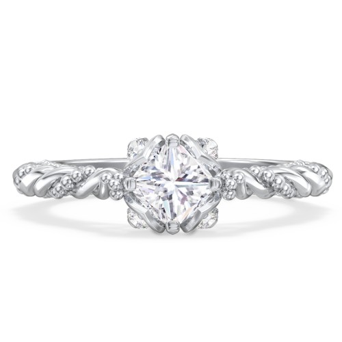 Vintage Solitaire Diamond Engagement Ring with Accents and Floral Setting - "The Rita" – 9kt White Gold with Lab Diamond