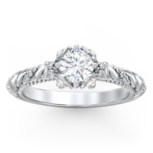 Vintage Solitaire Diamond Engagement Ring with Accents and Floral Setting - "The Rita" – 9kt White Gold with Lab Diamond
