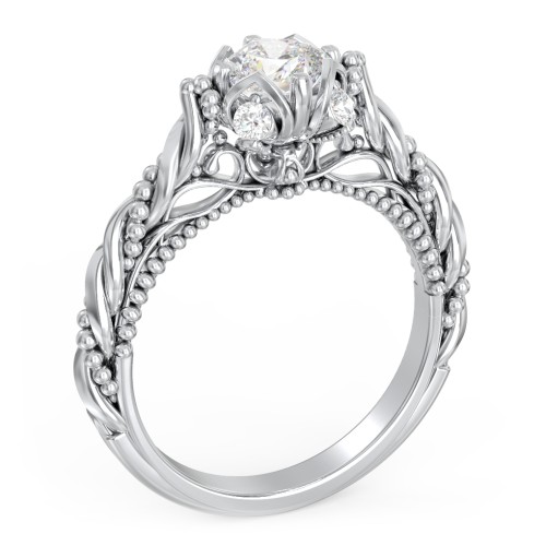 Vintage Solitaire Diamond Engagement Ring with Accents and Floral Setting - "The Rita" – 9kt White Gold with Lab Diamond