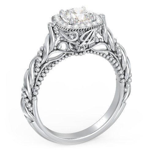 Vintage Diamond Engagement Ring with Accents and Halo Setting - "The Rita" – 9kt White Gold with Lab Diamond
