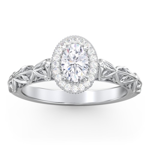 Diamond Halo Engagement Ring with Leaf and Vine Details - "The Ava" – 9kt White Gold with Lab Diamond