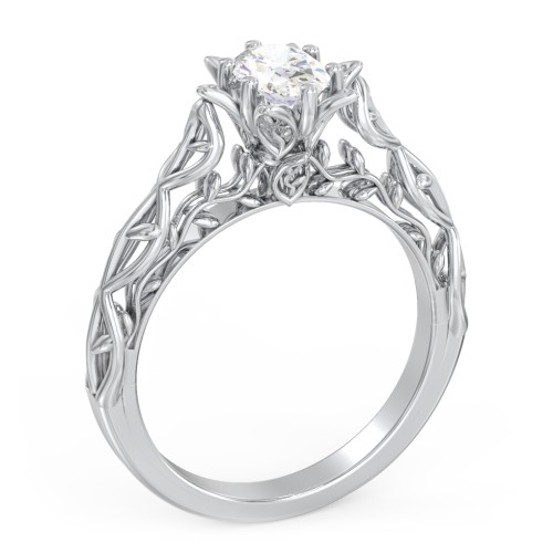 Solitaire Diamond Engagement Ring with Leaf and Vine Details - "The Ava" – 9kt White Gold