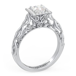 Diamond Halo Engagement Ring with Leaf and Vine Details - "The Ava"