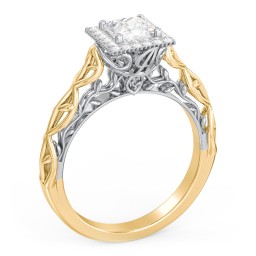 Diamond Halo Engagement Ring with Leaf and Vine Details - "The Ava" in 9K Solid Yellow Gold