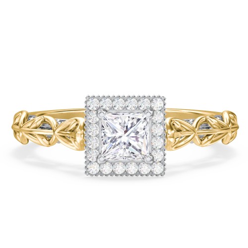 Diamond Halo Engagement Ring with Leaf and Vine Details - "The Ava" – 9kt Yellow Gold with Lab Diamond