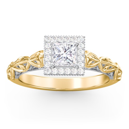 Diamond Halo Engagement Ring with Leaf and Vine Details - "The Ava" – 9kt Yellow Gold with Lab Diamond