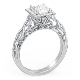 Diamond Halo Engagement Ring with Leaf and Vine Details - "The Ava"