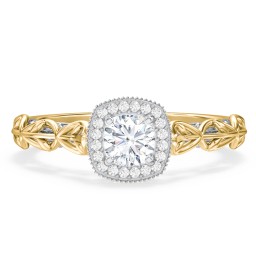 Diamond Halo Engagement Ring with Leaf and Vine Details - "The Ava" in 9K Solid Yellow Gold