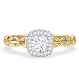 Diamond Halo Engagement Ring with Leaf and Vine Details - "The Ava" in 9K Solid Yellow Gold