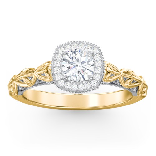 Diamond Halo Engagement Ring with Leaf and Vine Details - "The Ava" – 9kt Yellow Gold with Lab Diamond