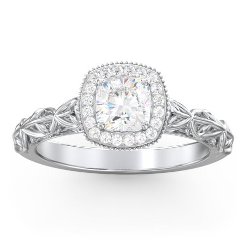 Diamond Halo Engagement Ring with Leaf and Vine Details - "The Ava"