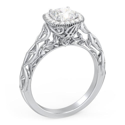 Diamond Halo Engagement Ring with Leaf and Vine Details - "The Ava"