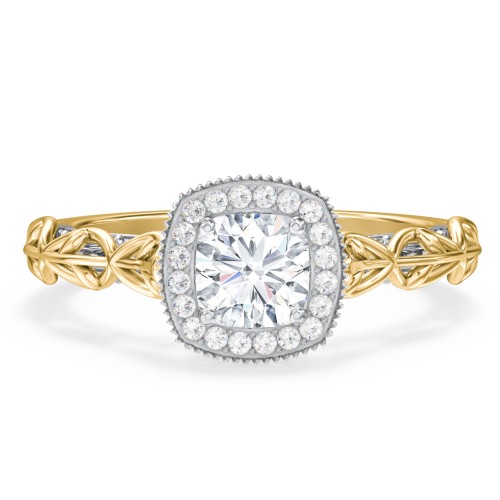 Diamond Halo Engagement Ring with Leaf and Vine Details - "The Ava" – 9kt Yellow Gold with Lab Diamond