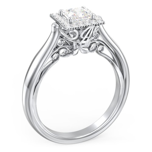 Classic Halo Diamond Engagement Ring and Butterfly and Scroll Details - "The Sophia"