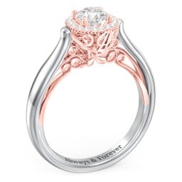 Classic Halo Diamond Engagement Ring and Butterfly and Scroll Details - "The Sophia"